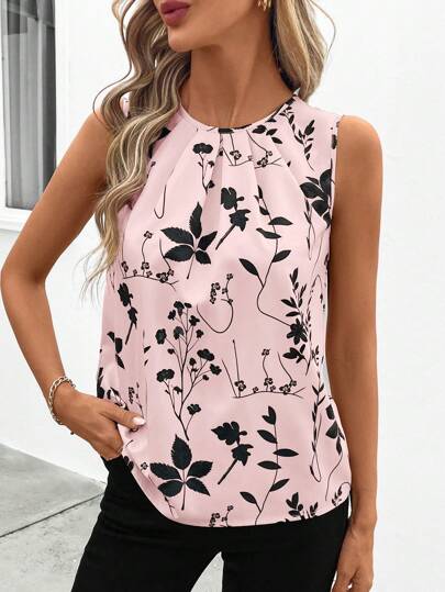 Clasi Blouse décontractée élégante à col rond, sans manches, plissée, avec imprimé floral noir sur fond kaki. Style classique pour femme, printemps/été