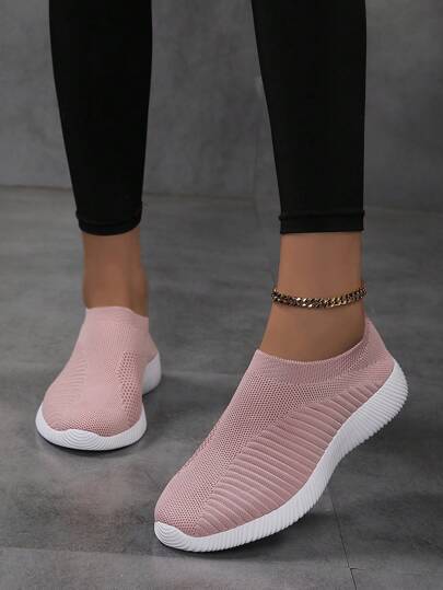 Chaussures plates décontractées en tricot respirant rose pour femmes, légères et confortables pour un port quotidien