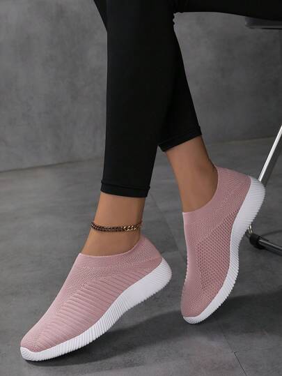 Chaussures plates décontractées en tricot respirant rose pour femmes, légères et confortables pour un port quotidien