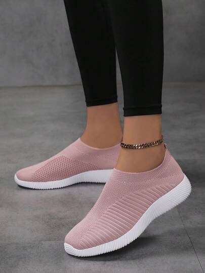 Chaussures plates décontractées en tricot respirant rose pour femmes, légères et confortables pour un port quotidien