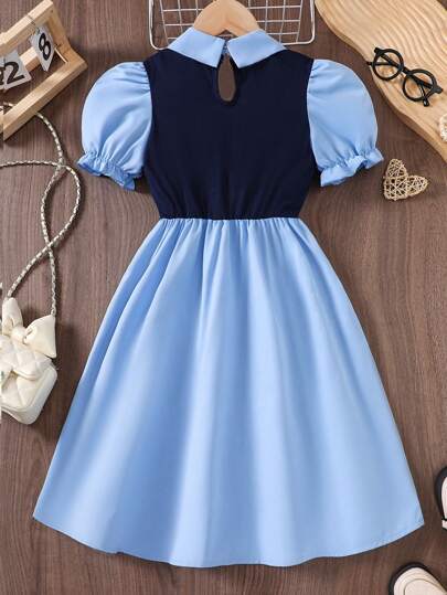Robe bleu et noire en patchwork pour filles de 8 à 12 ans, robe avec col Peter Pan, manches bouffantes, décoration de boutons, essentielle pour les fêtes et le style décontracté, style académique