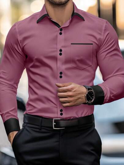 Calvornis Chemise formelle décontractée pour hommes pour le trajet, patchwork de couleurs contrastées, automne, Top à manches longues, cérémonie