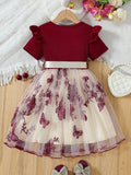 coviviky Jeune fille Top côtelé à manches courtes et robe bustier avec superposition de tulle brodé papillon et ceinture. Confortable et élégante pour les fêtes et les réunions