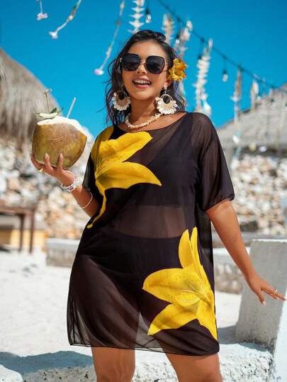 Swim Vcay Top de plage couvrant ample et court à manches courtes, imprimé en maille, grande taille, pour femmes
