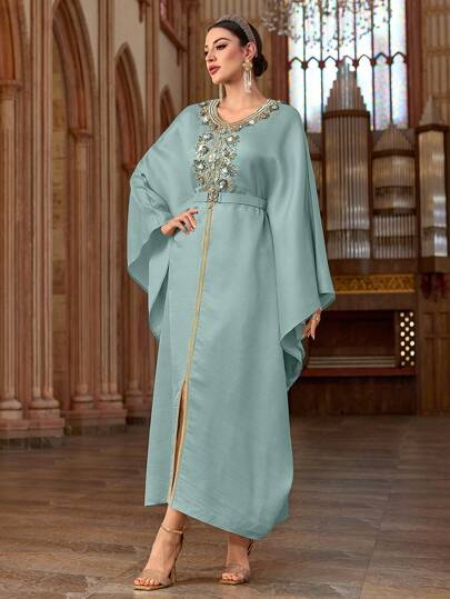 Al Najma Robe maxi fendue avec broderie et décoration de strass pour femme, caftan traditionnel turc et arabe élégant, modest
