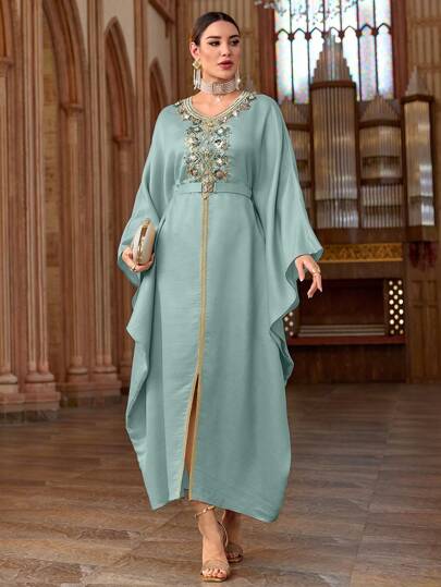 Al Najma Robe maxi fendue avec broderie et décoration de strass pour femme, caftan traditionnel turc et arabe élégant, modest