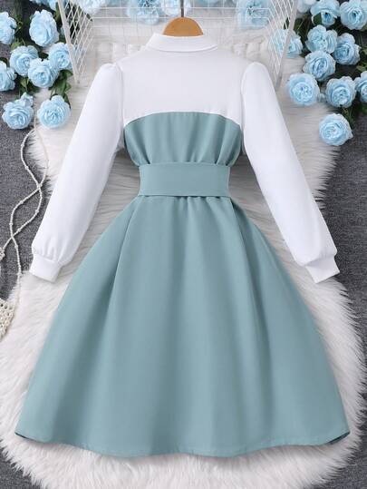 Robe en patchwork à manches longues avec col boutonné et blocs de couleurs pour filles
