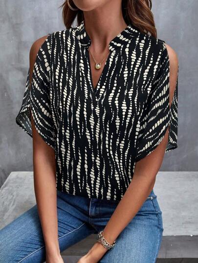 LUNE Blouse décontractée à imprimé intégral avec épaules dénudées et encolure échancrée, convient pour le travail et les occasions décontractées