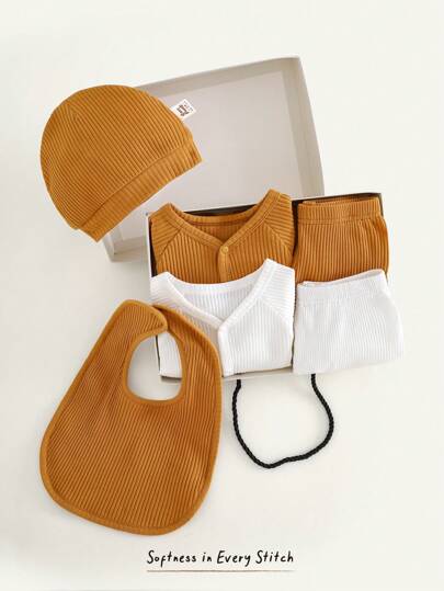 Cozy Pixies Nouveau-né bébé 7 pièces/set Pull tricoté de couleur unie, col rond doux, manches longues, pantalon à taille élastique, chapeau, bavoir