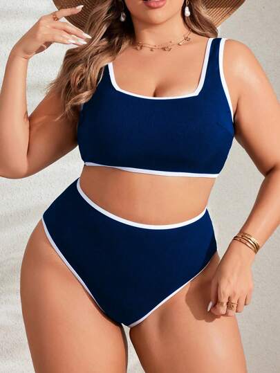 Swim SPRTY Top de maillot de bain débardeur avec bordures contrastées et bas de maillot de bain triangle pour grande taille