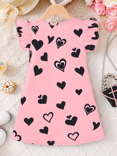 Robe élégante et féminine pour filles, Robe à col rond et manches courtes avec imprimé cœur et chat mignons pour filles, Tenue décontractée simple et confortable pour filles, Vêtements d'été respirants pour sorties et vacances pour filles