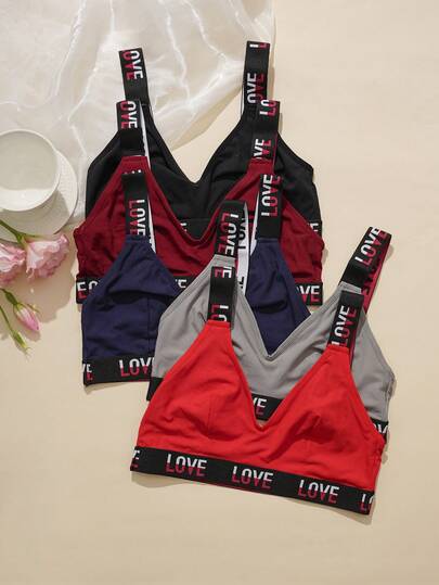5 pièces Brassières sans fil simples et confortables en tricot avec motif lettrage, pour femmes en surpoids, toutes saisons