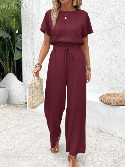 Frenchy 2 pièces Ensemble top et pantalon femme d'été de couleur unie col rond