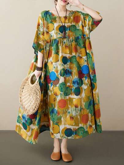AZAH Robe de plage décontractée de style bohème élégante pour Halloween, grande taille, robe à pois, robe d'été à col faux Yen, une épaule, manches courtes amples, fête des mères