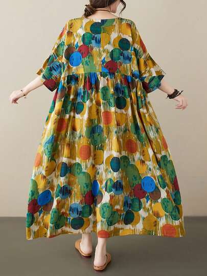 AZAH Robe de plage décontractée de style bohème élégante pour Halloween, grande taille, robe à pois, robe d'été à col faux Yen, une épaule, manches courtes amples, fête des mères