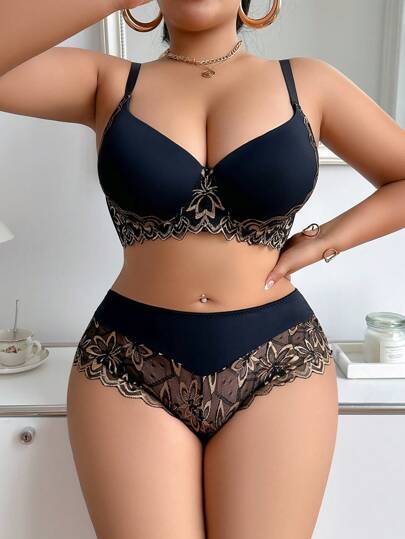 2 pièces/set Ensemble de lingerie grande taille, soutien-gorge de soutien et de levage avec design patchwork en dentelle et culotte assortie