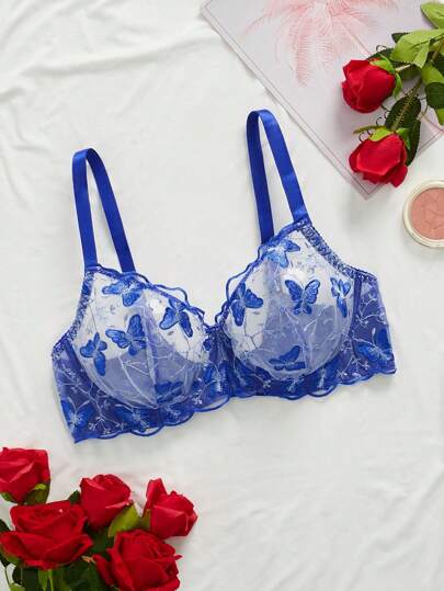 1 pièce Soutien-gorge avec bonnets rembourrés et broderie, grande taille