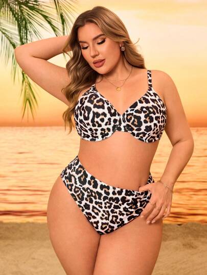 Slaydiva Ensemble de bikini grande taille pour femmes 2 pièces avec imprimé léopard, motif aléatoire, avec armature