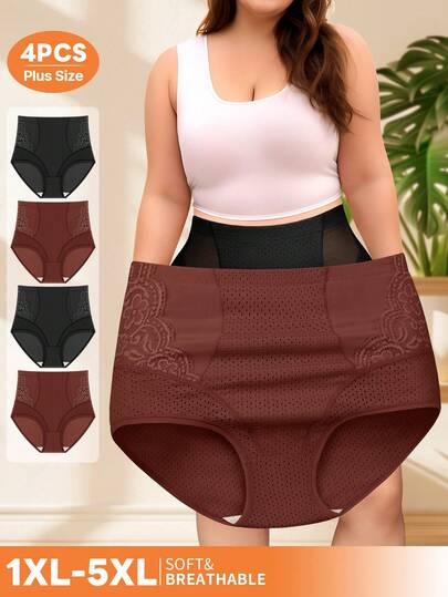 MEIYATING 4 pièces Culottes taille haute de contrôle du ventre pour femmes grande taille, culottes triangle en maille avec bordure en dentelle, ajourées pour l'été