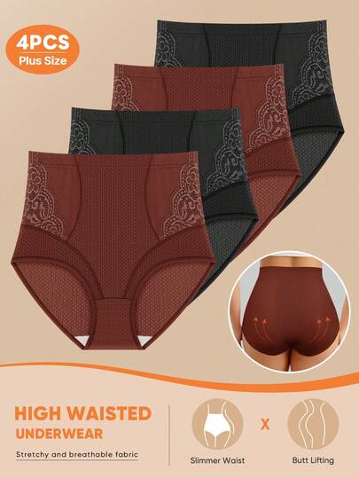 MEIYATING 4 pièces Culottes taille haute de contrôle du ventre pour femmes grande taille, culottes triangle en maille avec bordure en dentelle, ajourées pour l'été