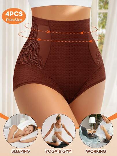MEIYATING 4 pièces Culottes taille haute de contrôle du ventre pour femmes grande taille, culottes triangle en maille avec bordure en dentelle, ajourées pour l'été
