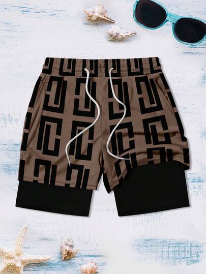 Short de plage sport décontracté à double couche imprimé pour hommes, hawaïen