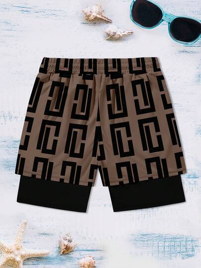 Short de plage sport décontracté à double couche imprimé pour hommes, hawaïen