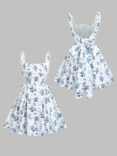 Sweetra Robe mini à l'américaine avec imprimé sophistiqué, encolure en V sans manches, plissée, découpe dans le dos et motif rétro monochrome à pois
