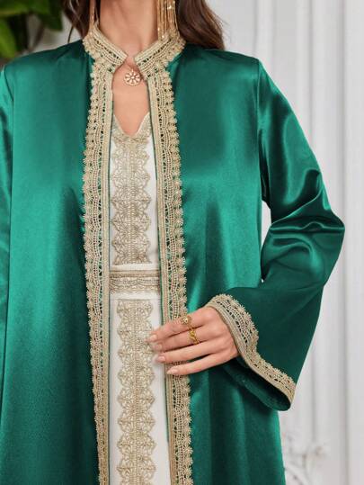Layrah Ensemble robe et abaya modestes avec patchwork de dentelle soluble dans l'eau pour femmes, caftan marocain, mode musulmane abaya pour festival/rassemblement, style de fête de luxe et élégant pour le soir