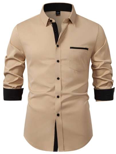 Calvornis Chemise formelle à manches longues pour hommes, style décontracté avec patchwork de couleurs contrastées, chemise de designer ajustée pour hommes élégants, automne, cérémonie