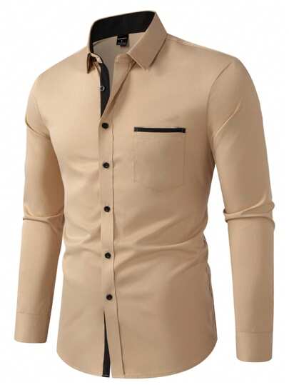 Calvornis Chemise formelle à manches longues pour hommes, style décontracté avec patchwork de couleurs contrastées, chemise de designer ajustée pour hommes élégants, automne, cérémonie