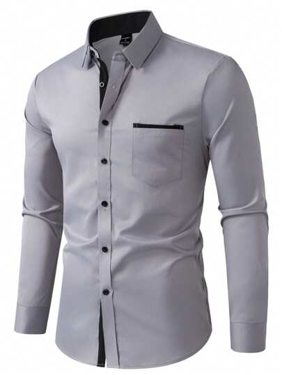 Calvornis Chemise décontractée simple pour hommes avec garniture contrastée, convient pour une chemise habillée décontractée d'été, pour l'automne, Top à manches longues, formel, cérémonie