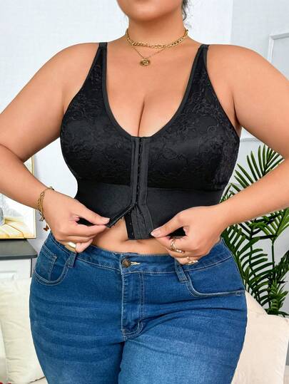 1 pièce Soutien-gorge à insert en dentelle avec boutons frontaux, style minimaliste, couleur unie, confortable, pour grandes tailles, toutes saisons, pour femmes