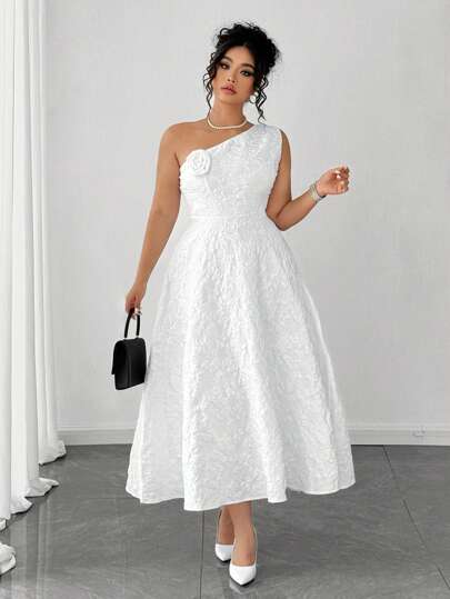 Elenzga Robe sans manches à col asymétrique avec application de fleur de couleur unie grande taille