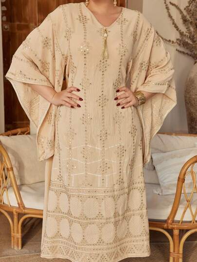 ASBB JALABIYA pour femmes arabes avec broderie lourde et sequins dorés, manches créatives, robe élégante de couleur abricot, tenue de fête de vacances d'automne 2026, tenue pour la Fête nationale saoudienne