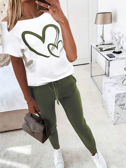 Ensemble 2 pièces femme, Top à manches courtes imprimé et pantalon, tenue décontractée et élégante pour l'été
