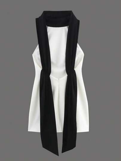 Robe moulante mini dos nu noire et blanche avec nœud, tissu contrasté tressé, élégante pour soirée d'été
