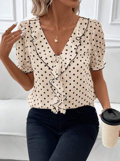 Clasi Chemise élégante pour femme avec manches bouffantes, motif à pois, bordure noire contrastante et détails volantés