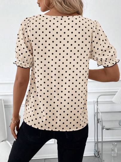 Clasi Chemise élégante pour femme avec manches bouffantes, motif à pois, bordure noire contrastante et détails volantés