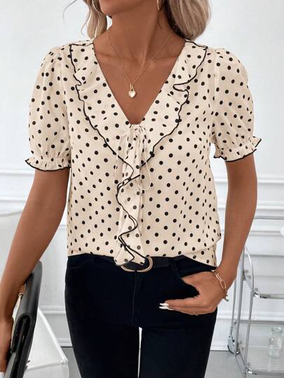 Clasi Chemise élégante pour femme avec manches bouffantes, motif à pois, bordure noire contrastante et détails volantés