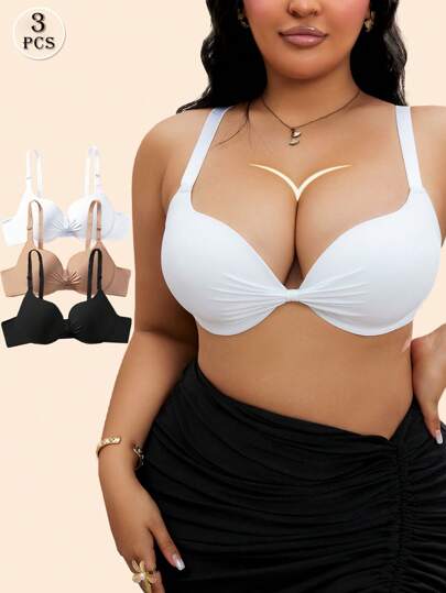 Snug Zone 3 pièces Soutien-gorge à armatures avec nœud papillon en fibre ultra-fine de couleur unie et coupe push-up pour grandes tailles (noir, blanc et nude), effet levant