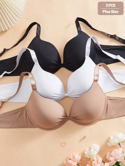 Snug Zone 3 pièces Soutien-gorge à armatures avec nœud papillon en fibre ultra-fine de couleur unie et coupe push-up pour grandes tailles (noir, blanc et nude), effet levant