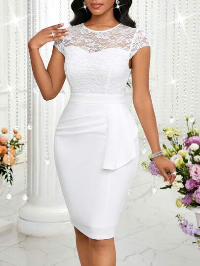 Robes blanches élégantes patchwork en dentelle, pour le printemps et l'été