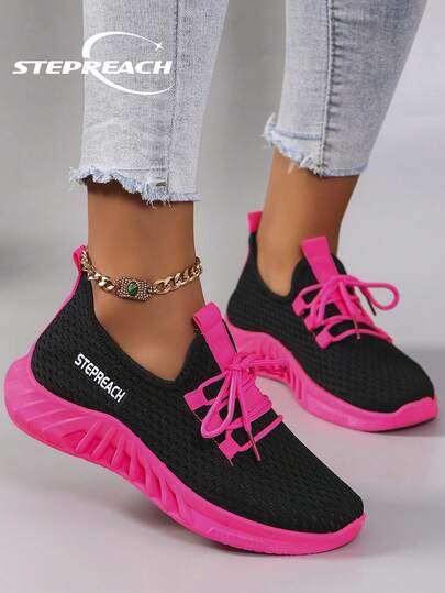 STEPREACH Chaussures de sport en maille pour femmes en automne/hiver, respirantes, confortables, légères, à lacets, de couleur unie rose vif, antidérapantes et résistantes à l'usure, baskets pour femmes