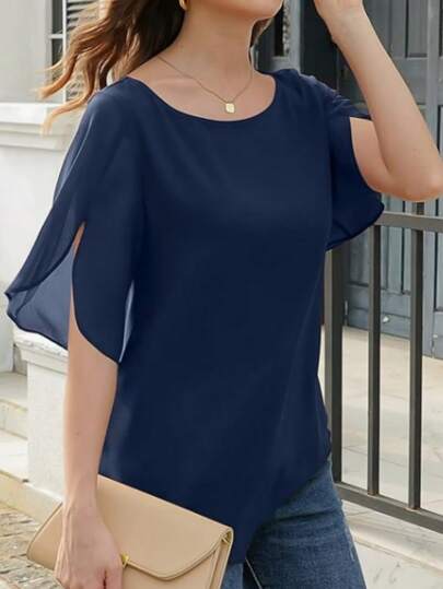 INAWLY Blouse ample femme col rond couleur unie, manches fendues, style été