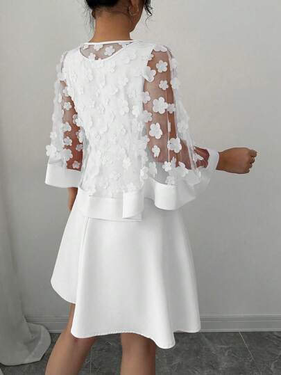 Elenzga Robe élégante à col châle transparent couleur unie avec fleurs de cerisier pour femmes