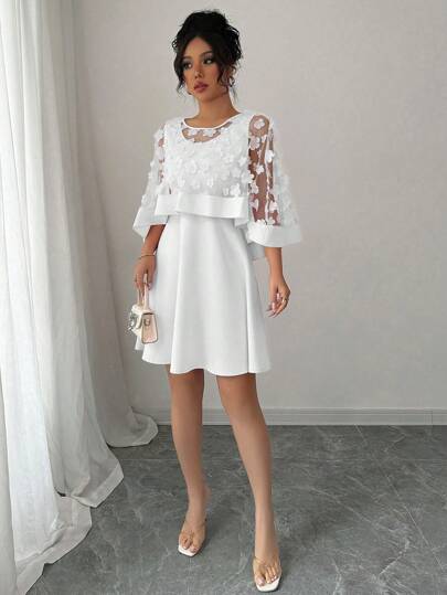 Elenzga Robe élégante à col châle transparent couleur unie avec fleurs de cerisier pour femmes