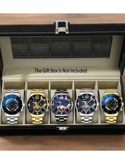 5 pièces/Set Montre à quartz pour hommes, style minimaliste, boîtier rond en alliage, bracelet en alliage d'affaires, ensemble cadeau élégant