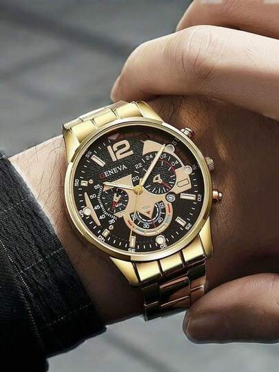5 pièces/Set Montre à quartz pour hommes, style minimaliste, boîtier rond en alliage, bracelet en alliage d'affaires, ensemble cadeau élégant
