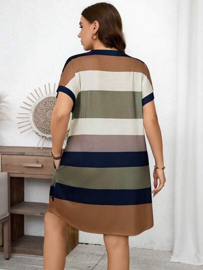 LUNE Robe t-shirt décontractée avec manches chauve-souris à col rond rayé, poches, taille grande, pour l'été